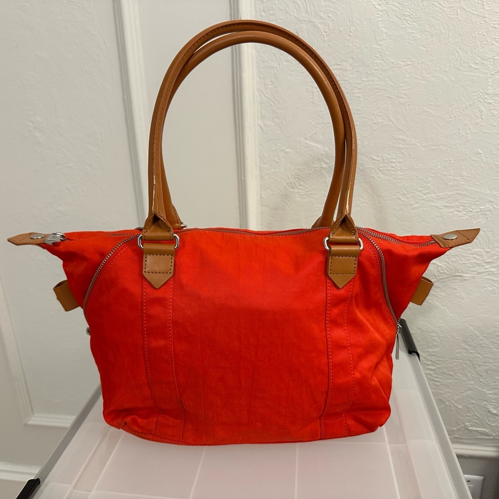 Kipling bright orange bag with brown leather straps - Picture 3 of 12